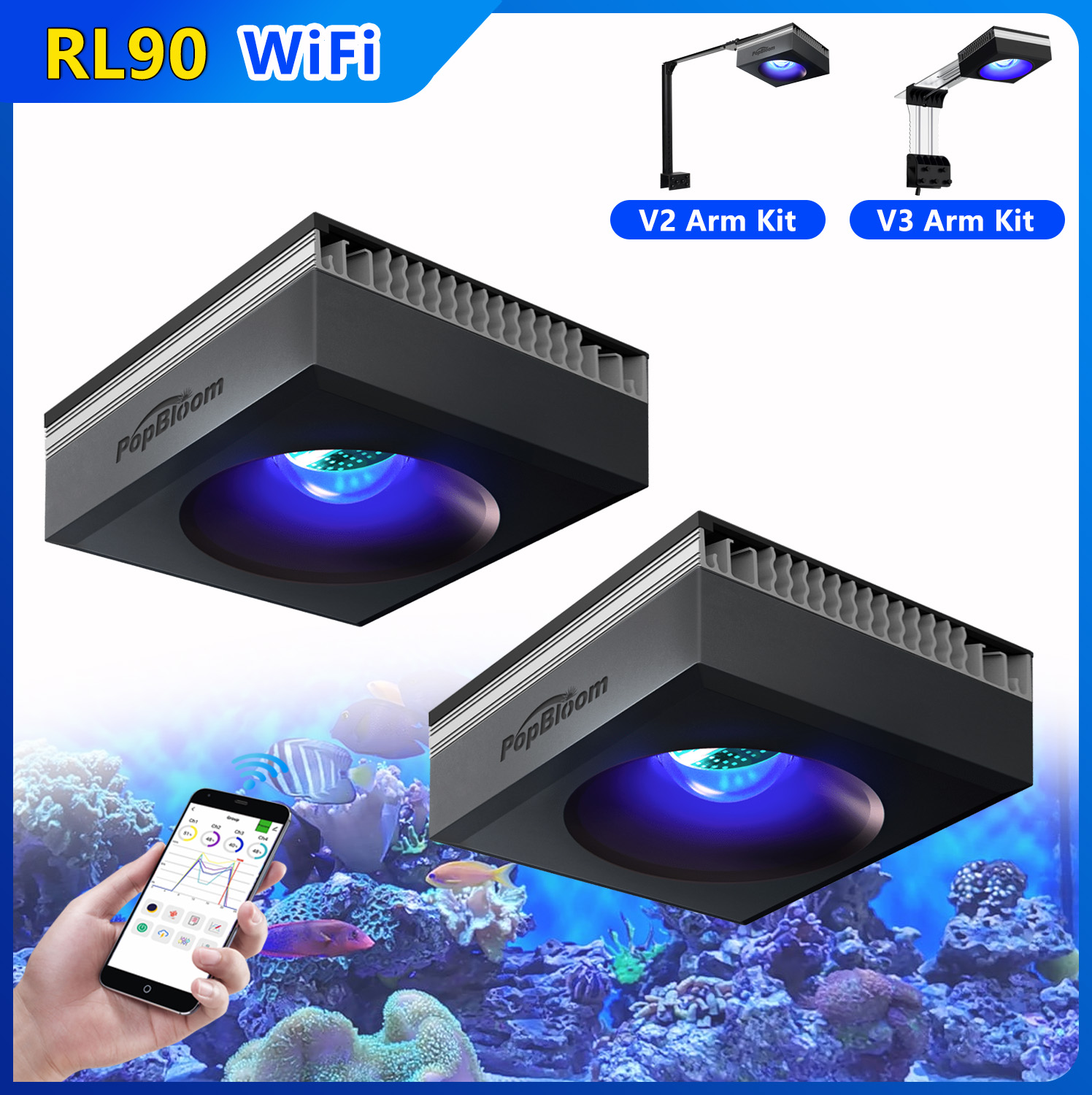 Aquarium Marine Rock - PopBloom 2個セット RL90 LED水槽ライト ユニバーサルアームキット付き、リーフライトLED 90ガロン海水魚ライト
